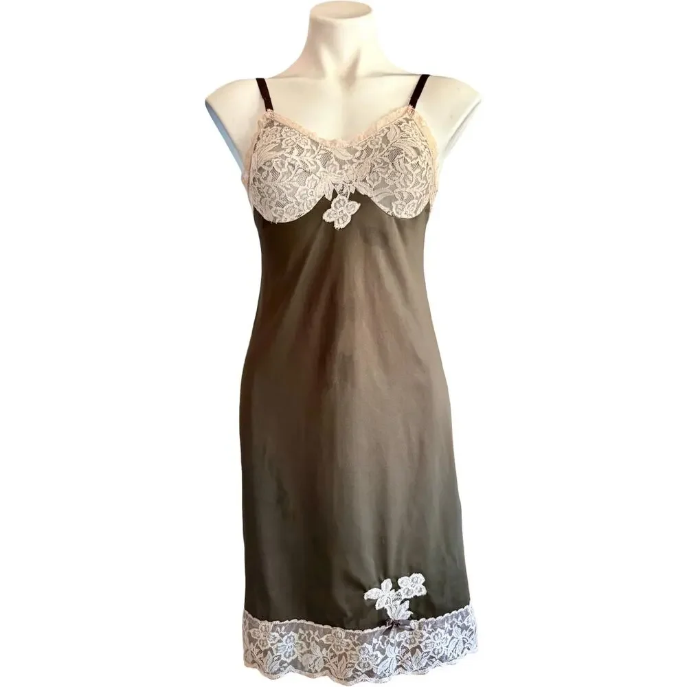 Vintage 60s Formfit Rogers Olive Full Slip Lace Bodice Floral Appliqué Sz 34